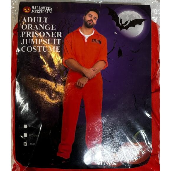 Prisoner Jumpsuit Costume Adult Sz L Orange Halloween Accessories Handcuffs NEW - Picture 1 of 4